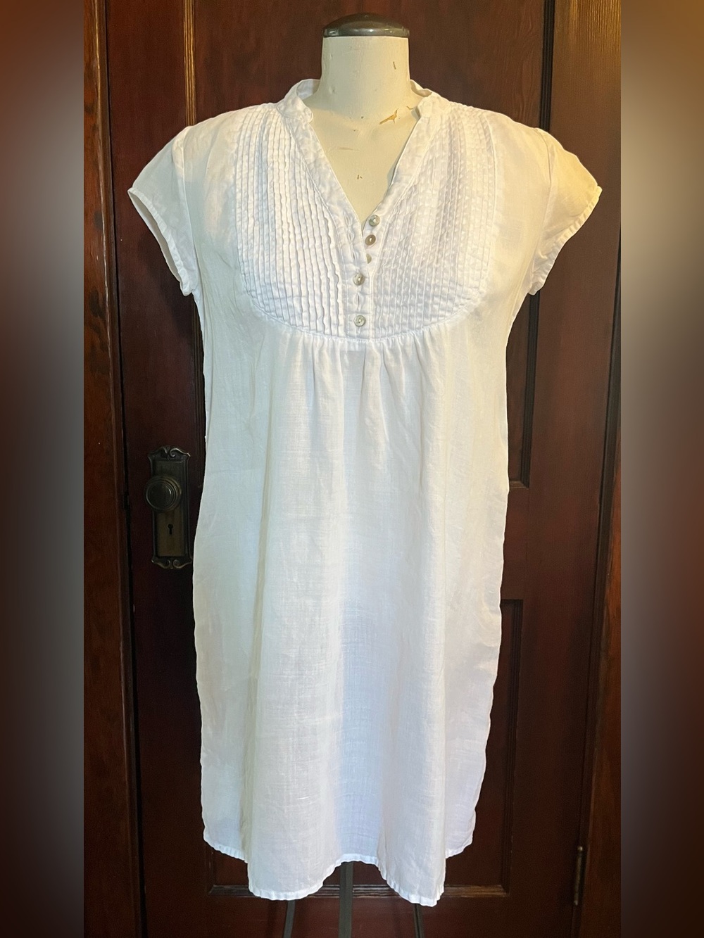 White Linen Pintuck Button Front Cotton Tunic Dress